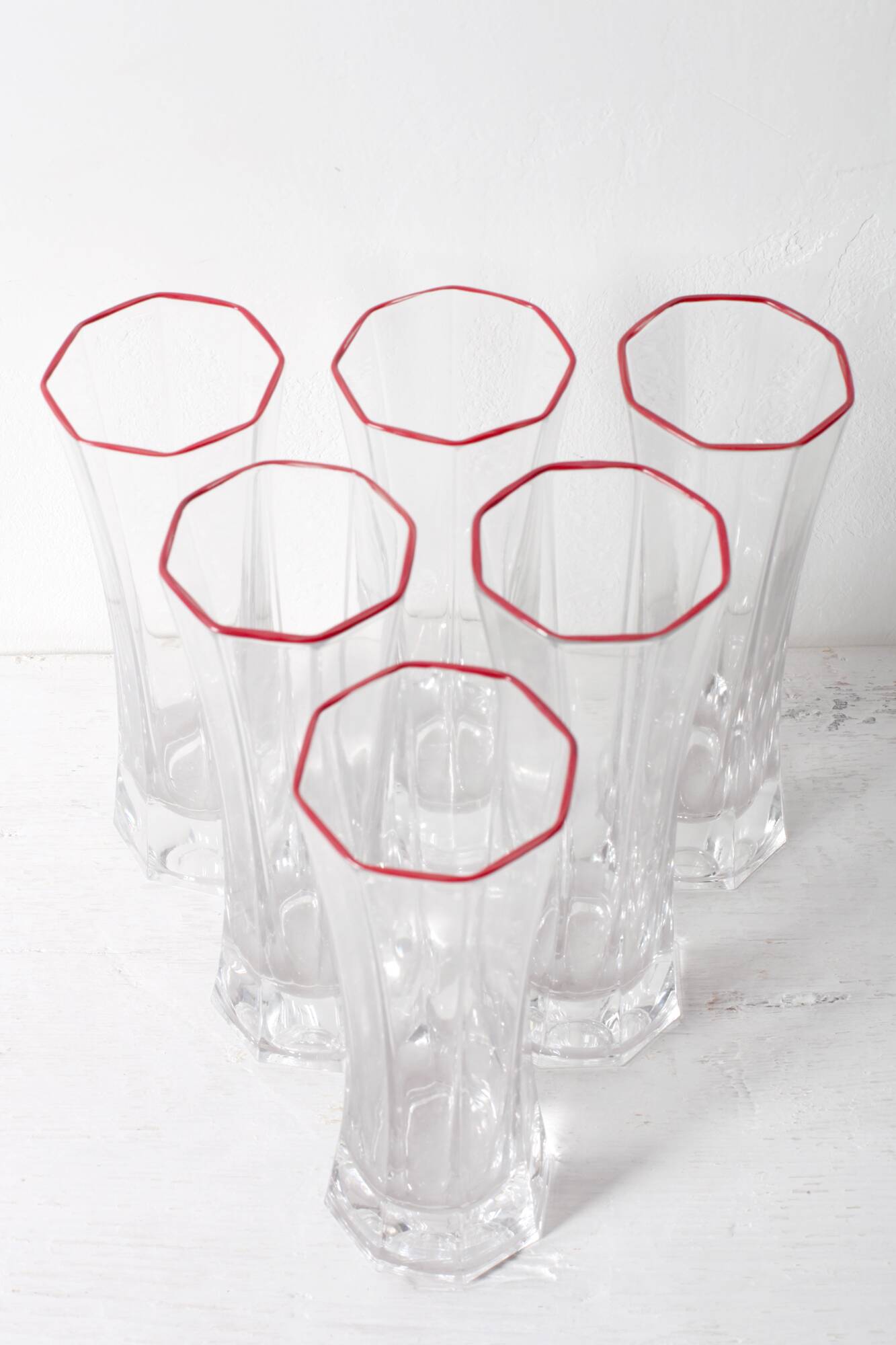 Set of 6 Mid-century Clear Crystal Glasses with Red Rim / Italy / 1980s