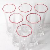 Set of 6 Mid-century Clear Crystal Glasses with Red Rim / Italy / 1980s