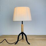Wrought iron and wood tripod lamp