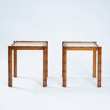 Art Deco Side Table in Carved Oak, Bamboo Style, Cut Glass, Set of 2