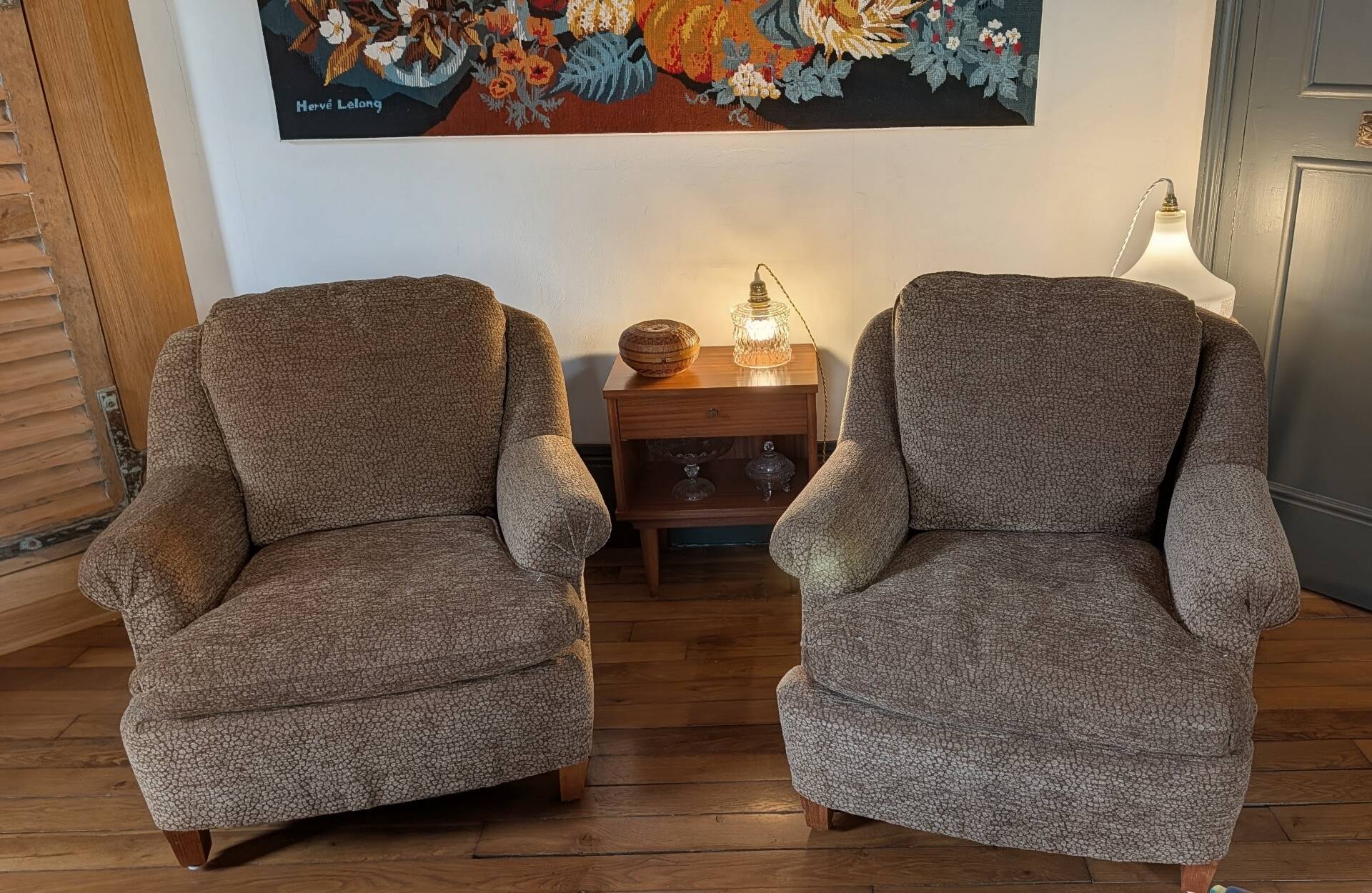 Pair of brown chenille velvet lounge chairs