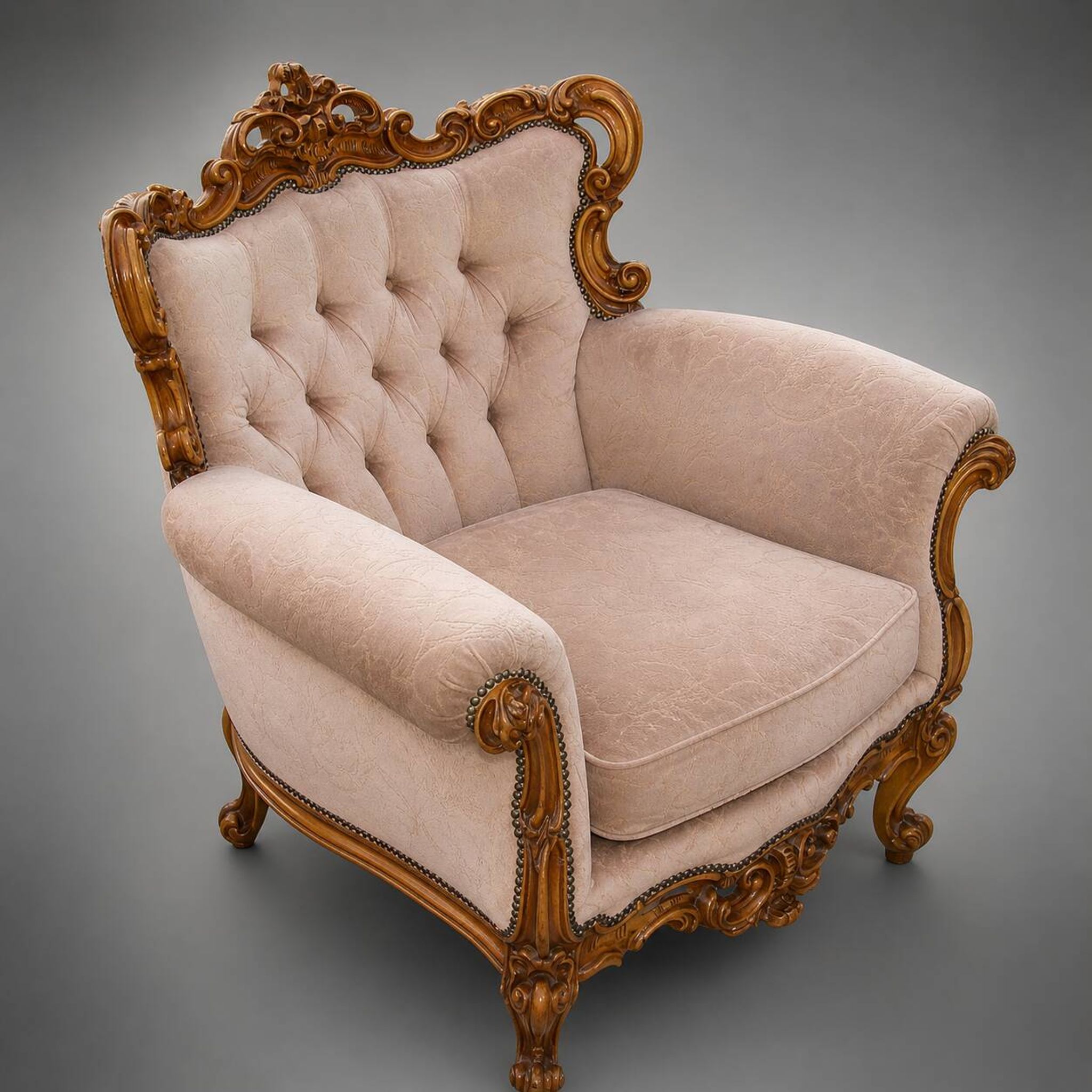 Vintage French armchair, 1960s, carved wood, springs
