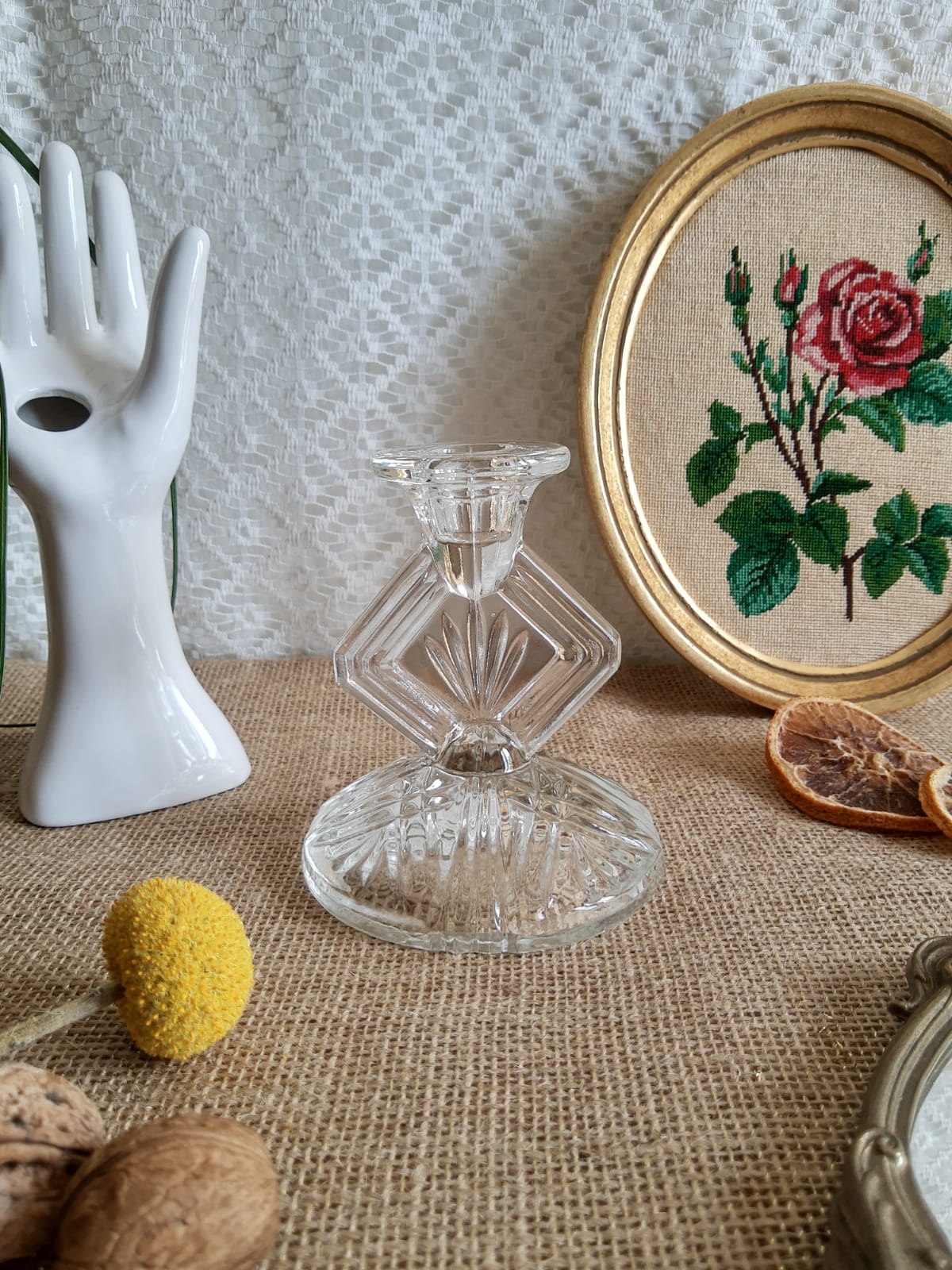 Art Deco chiseled glass candle holder - vintage