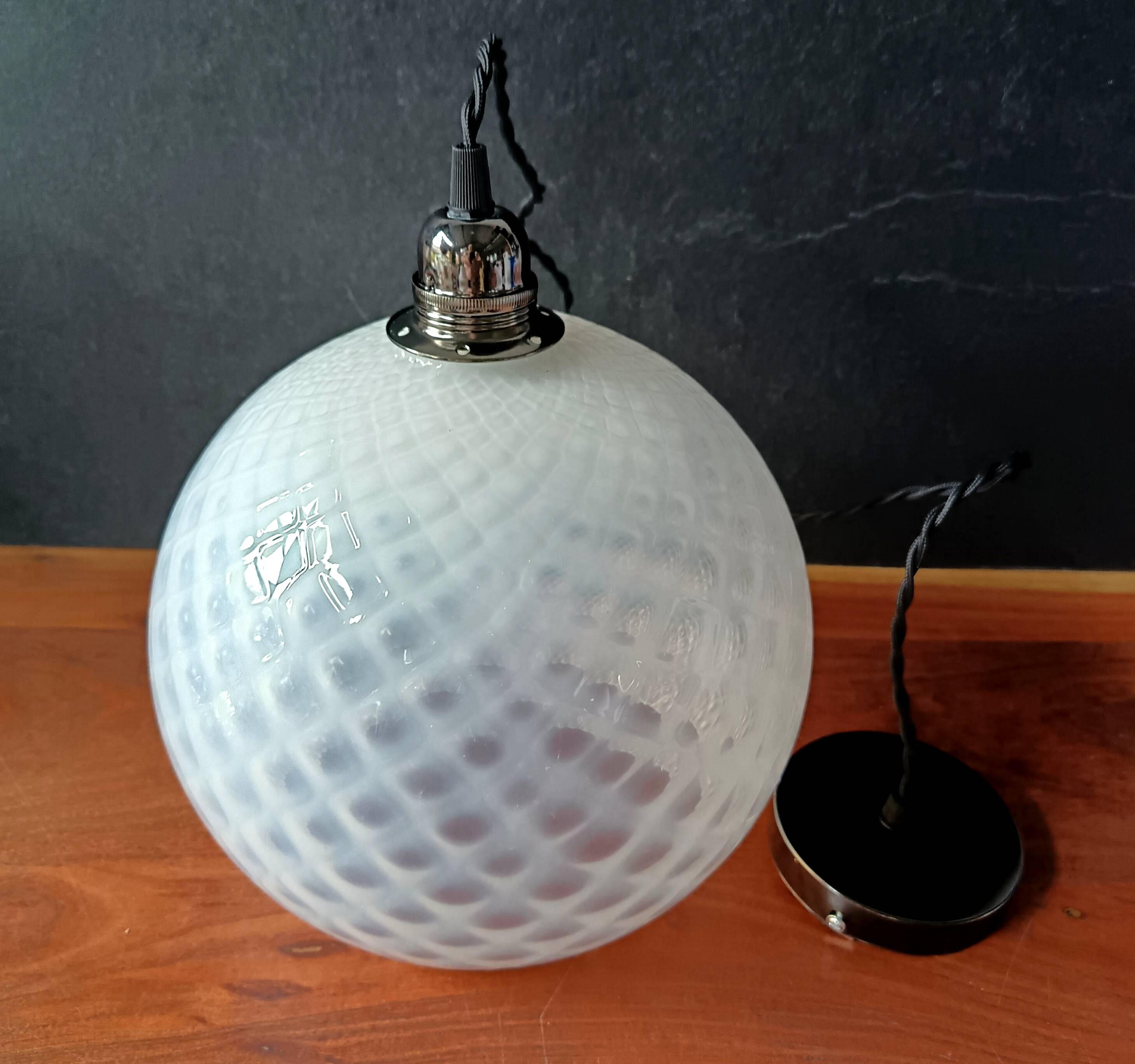 Vintage opaline glass ball pendant light with geometric patterns