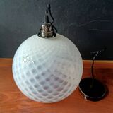Vintage opaline glass ball pendant light with geometric patterns
