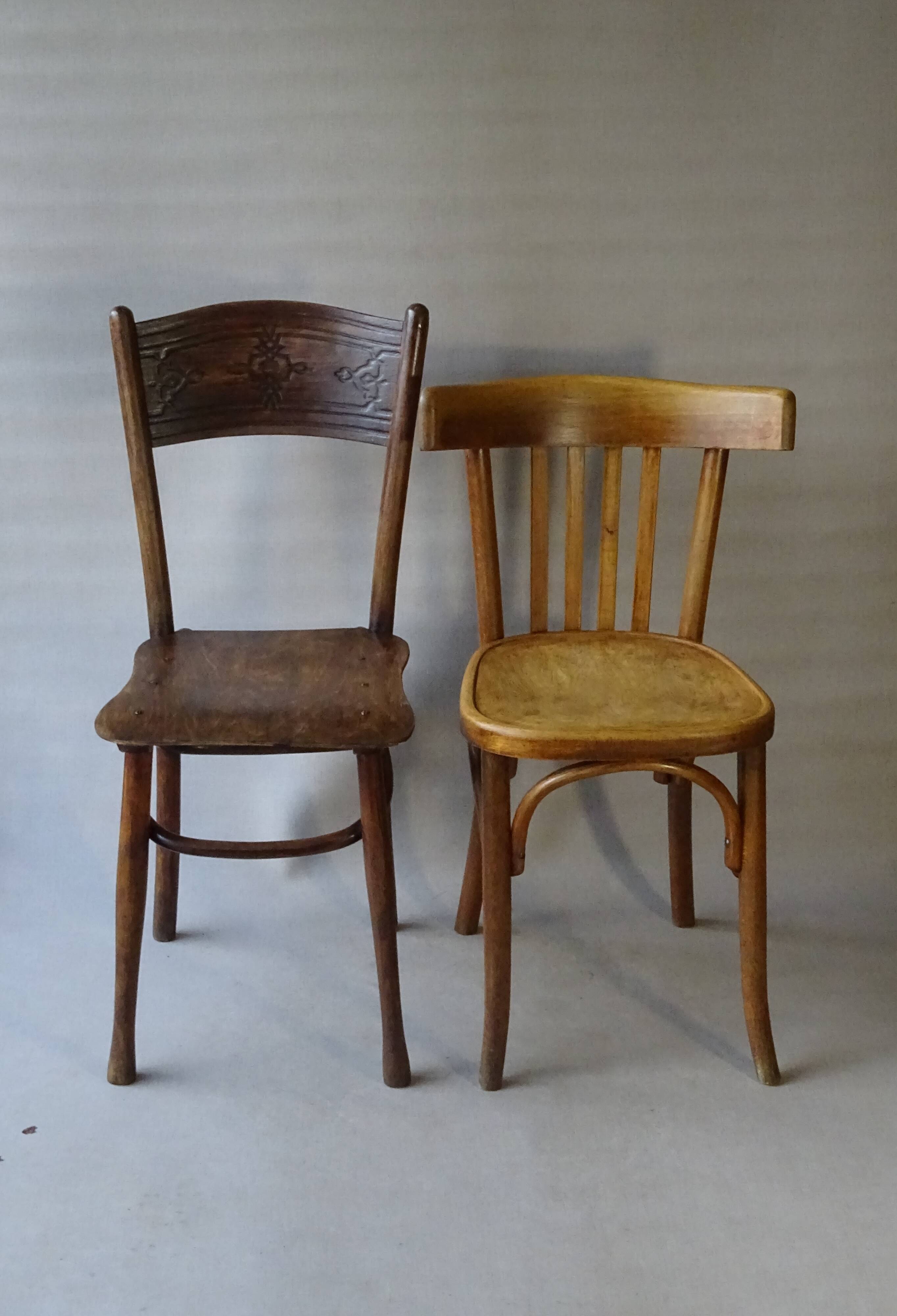 Set of 36 mismatched Bistrot chairs, 1920 to 1950, wooden seats.