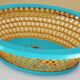 Antique basket in painted sheet metal and woven wicker, decorated with roses