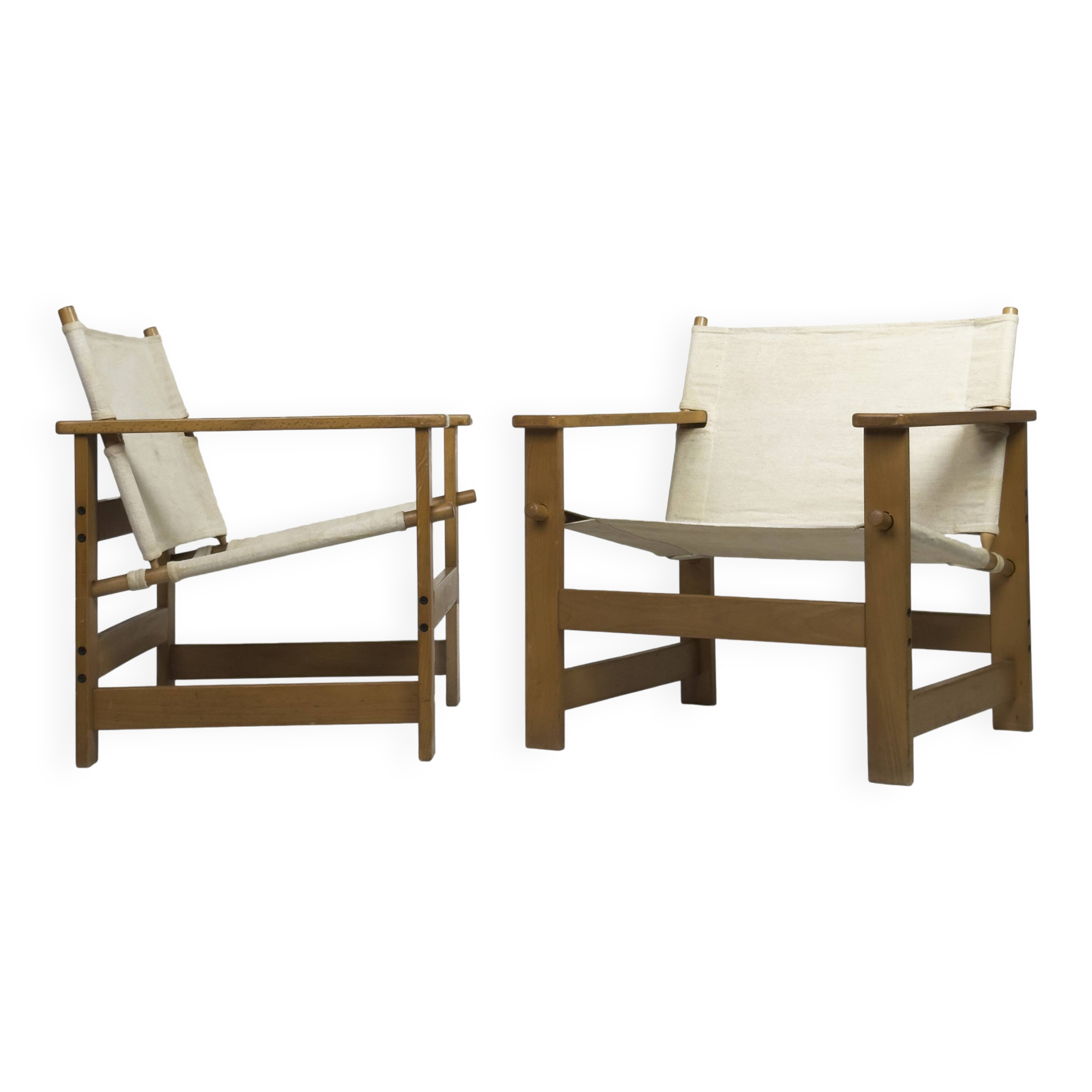 Pair of Vintage Safari Lounge Chairs in Canvas & Wood, 1970s