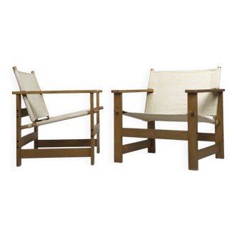 Paire de chaises de salon safari vintage en toile et bois, années 1970