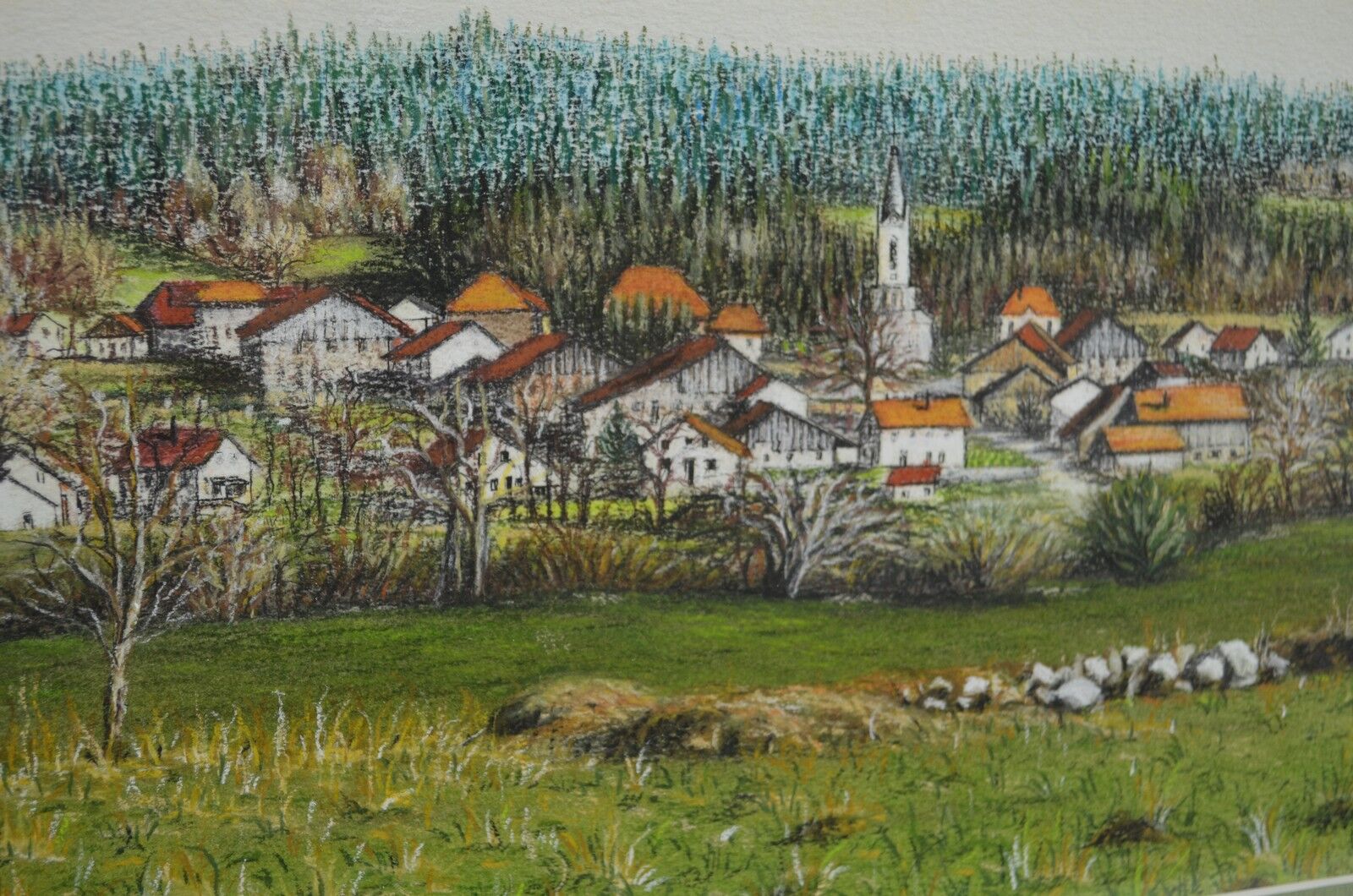 Eliane lienard (xxth century) pastel "landscape of rantechaux in the doubs" signed lower right
