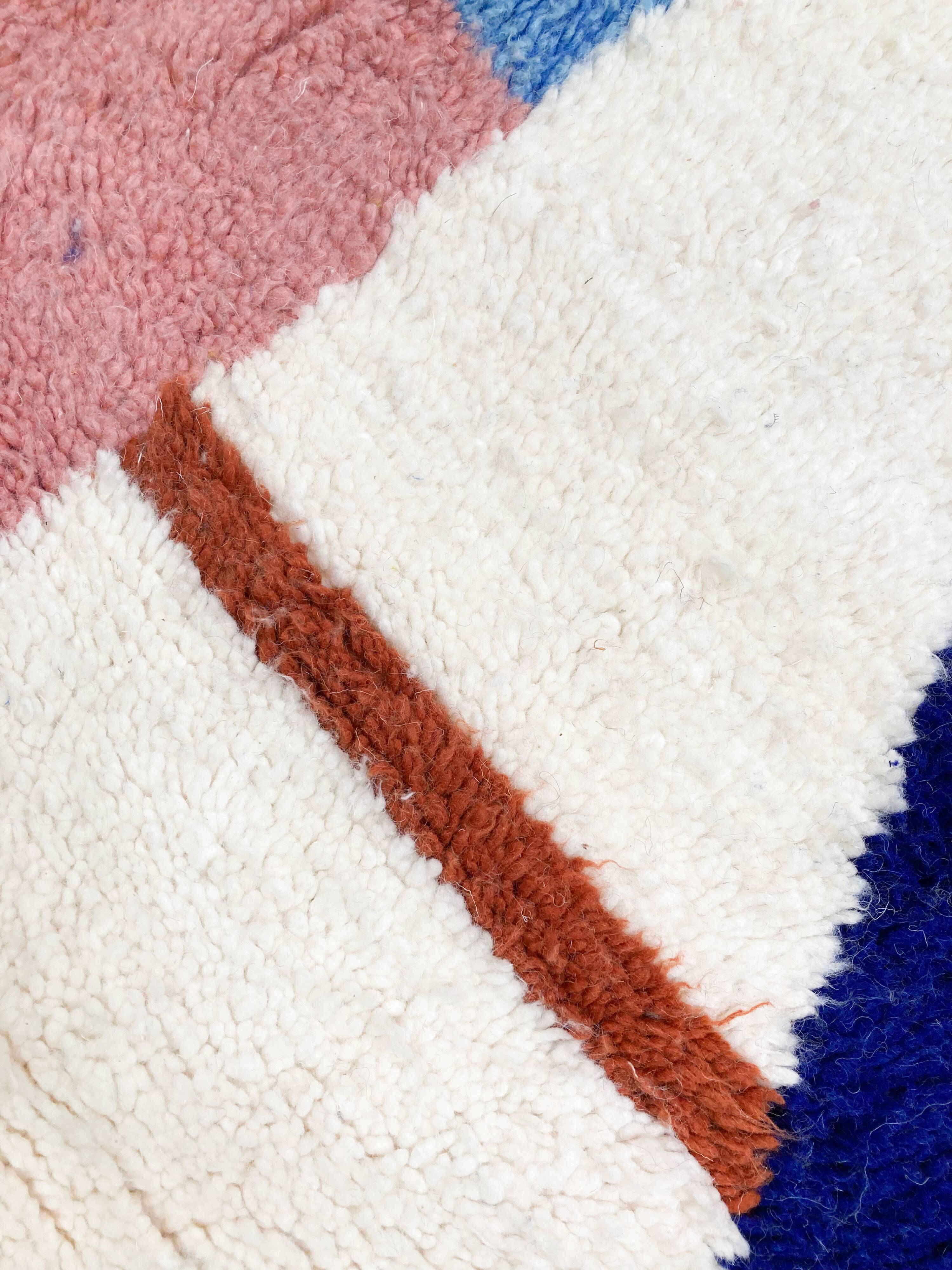 Moroccan Berber carpet beni ouarain ecru with colorful patterns 143x110cm