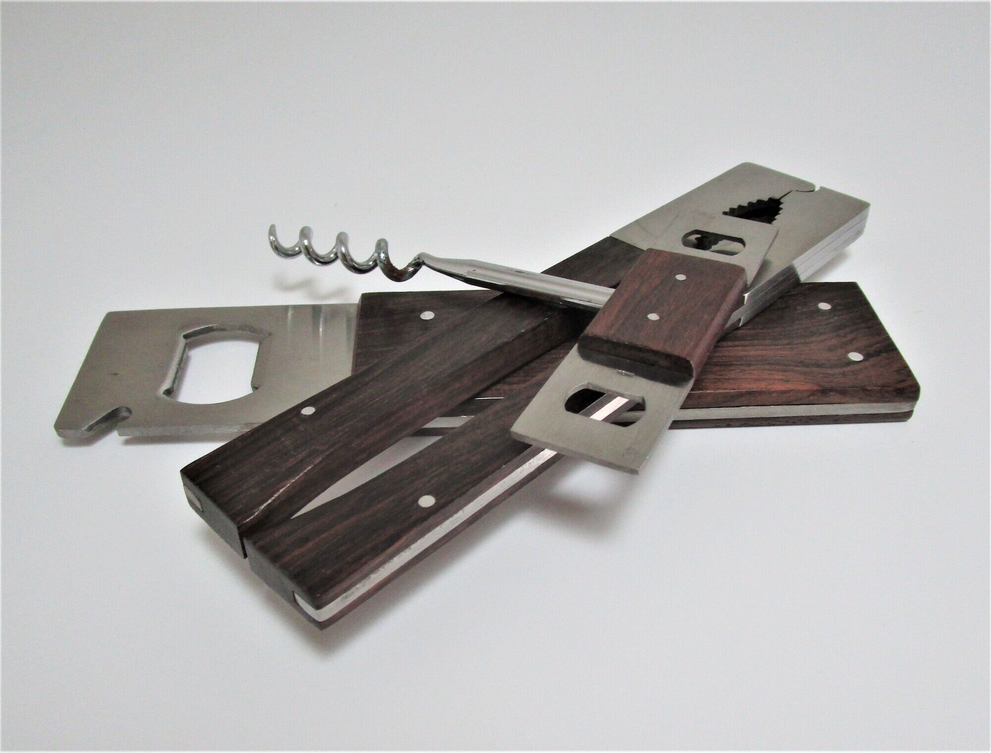 set rosewood stainless steel nutcracker corkscrew bottle opener design 70s Letang Remy