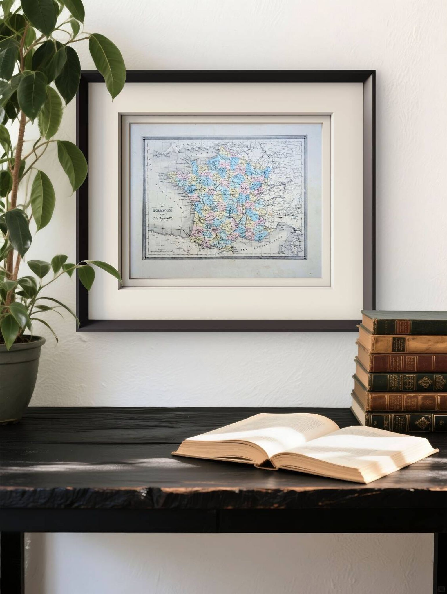 France and departments, old map, printed in 1852. Authentic.