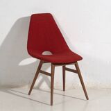 Wooden chairs with burgundy red fabric, circa 1950