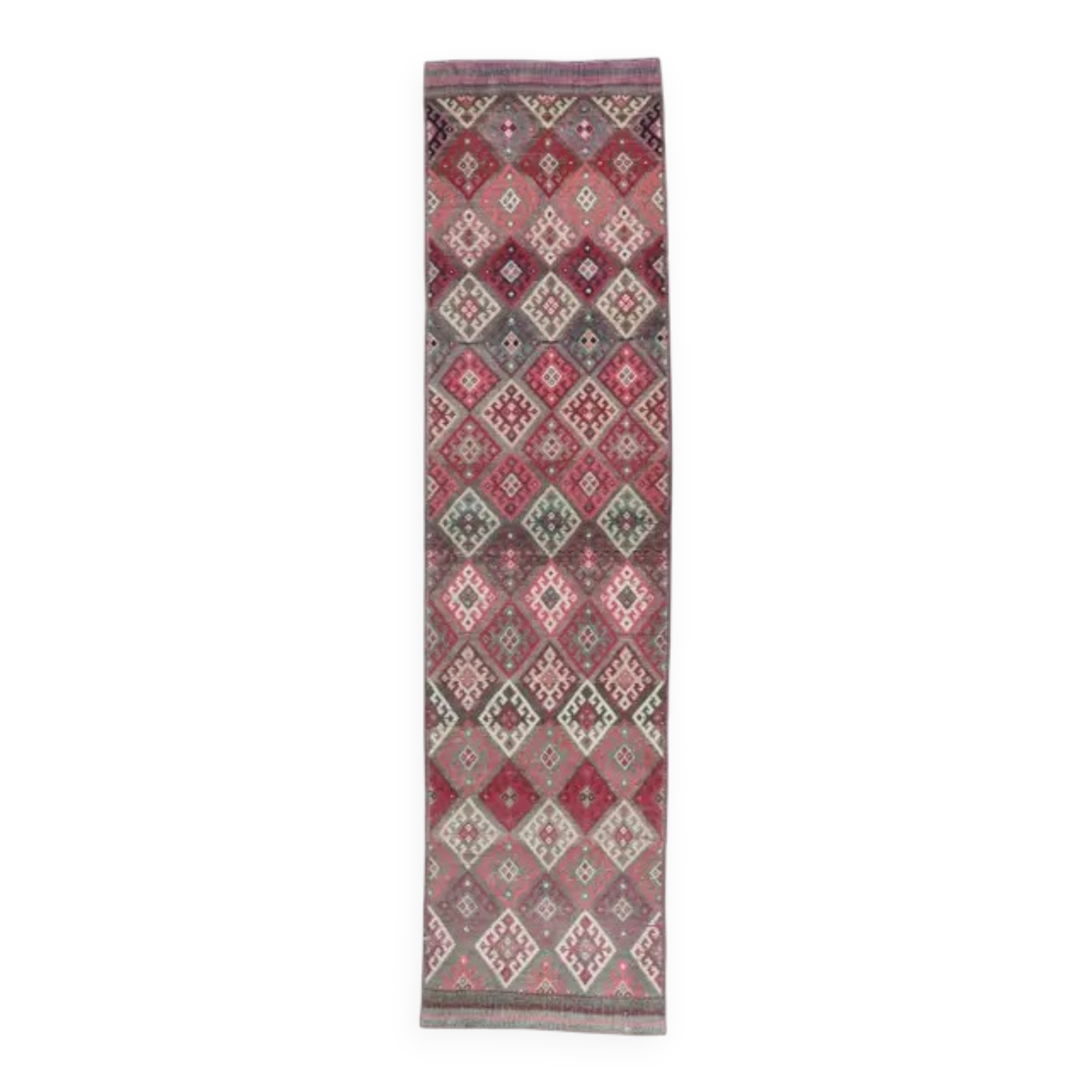 Vintage pink diamond Turkish hand-knotted runner rug 96x345