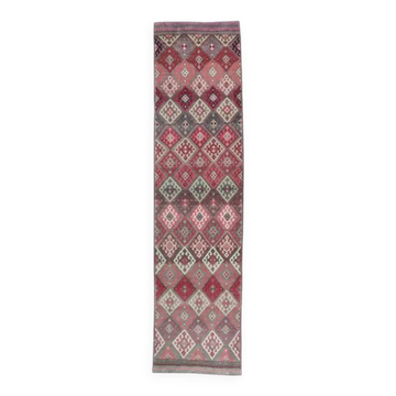 Vintage pink diamond Turkish hand-knotted runner rug 96x345