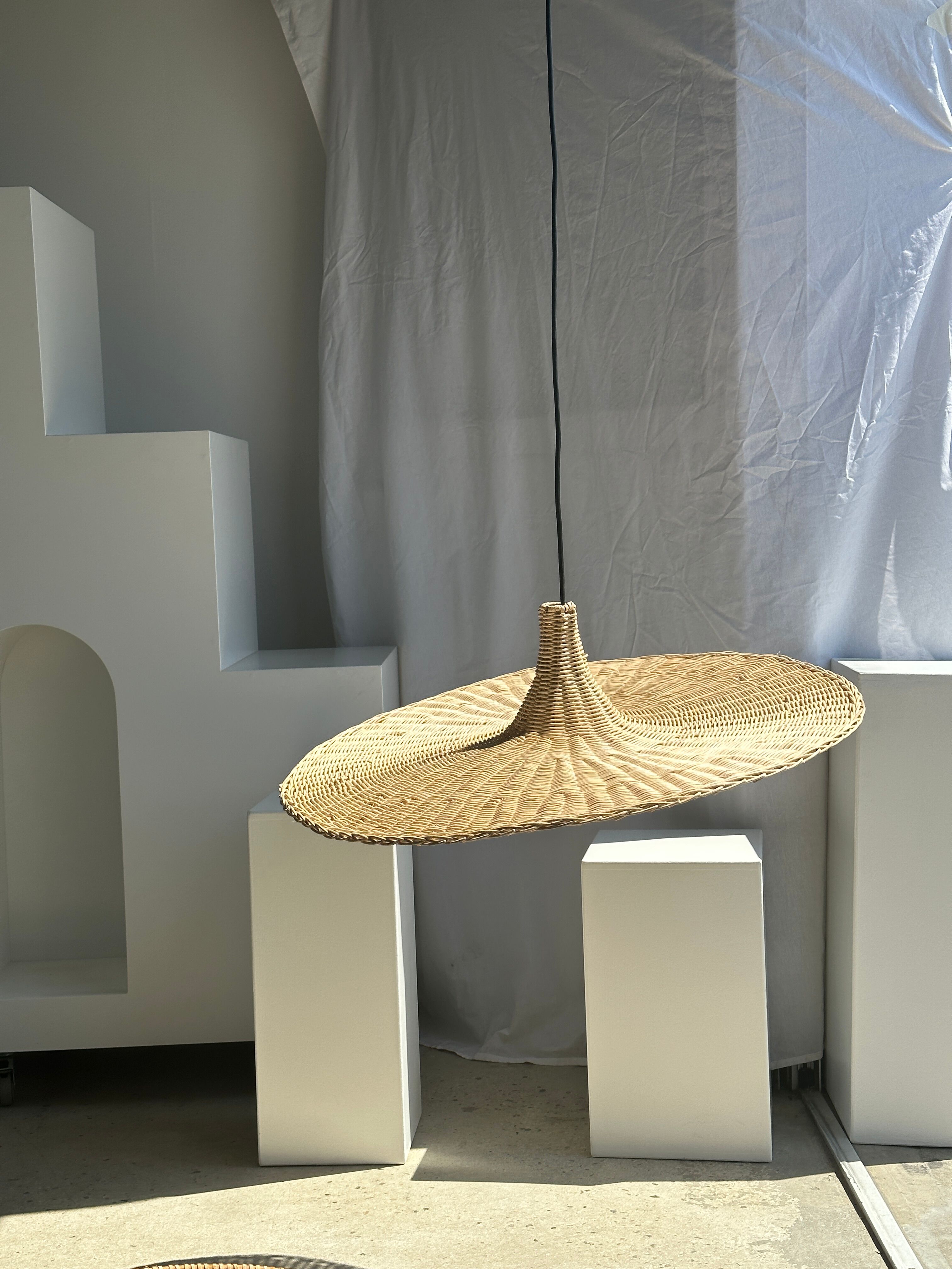 Large suspension, rattan luminaire in hat shape D:80cm