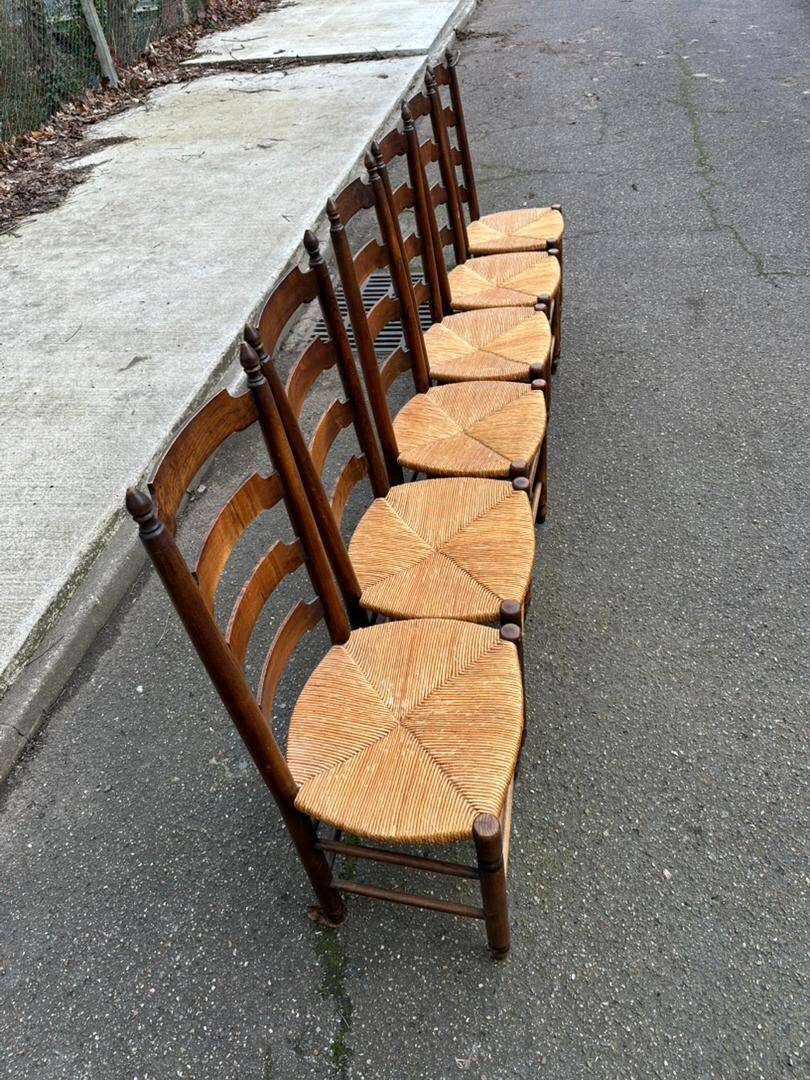 6 solid wood dining chairs with rush seats, oak, 19th century.