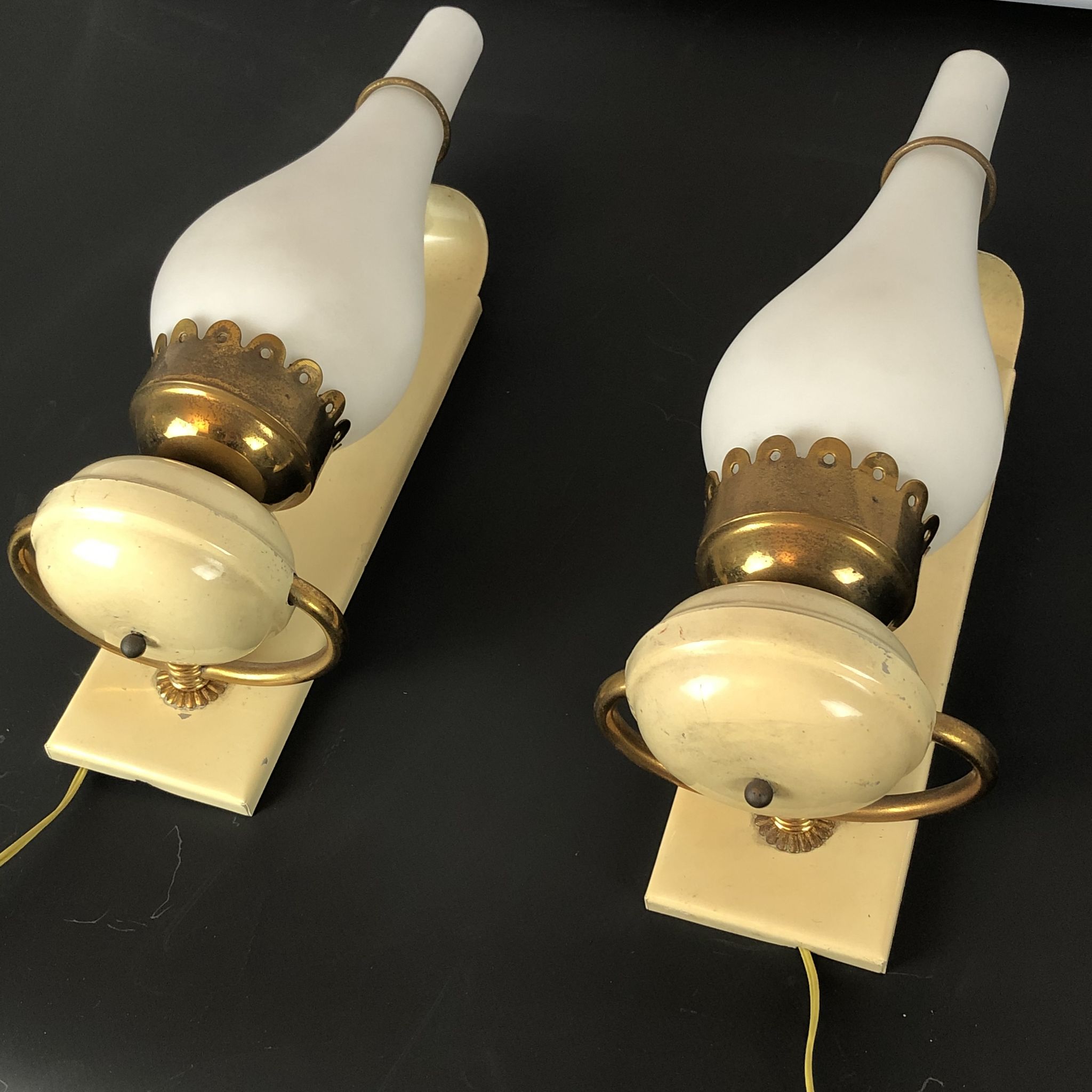 Vintage Italian brass, lacquer and opaline glass sconces from 50s. Set of two