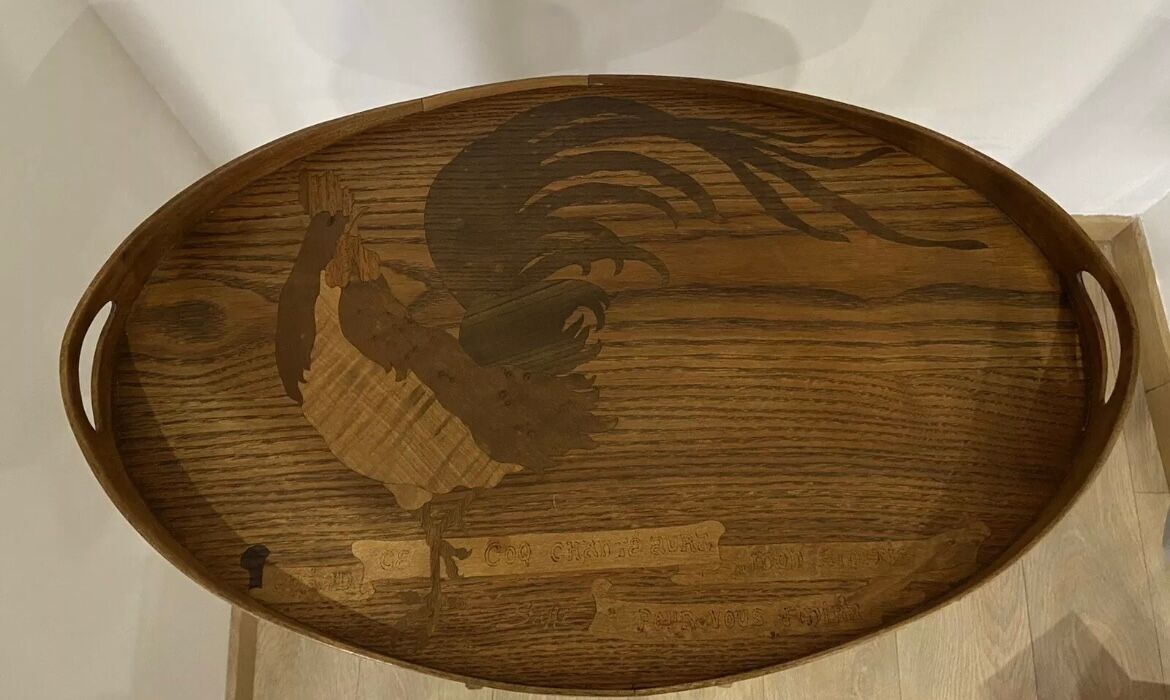 Lounge table rooster signed galle era art nouveau marquetry