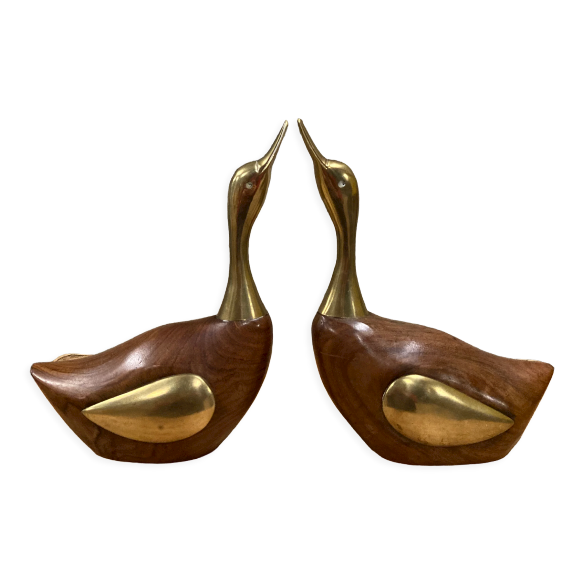 Pair of duck or swan in wood and brass sculpture