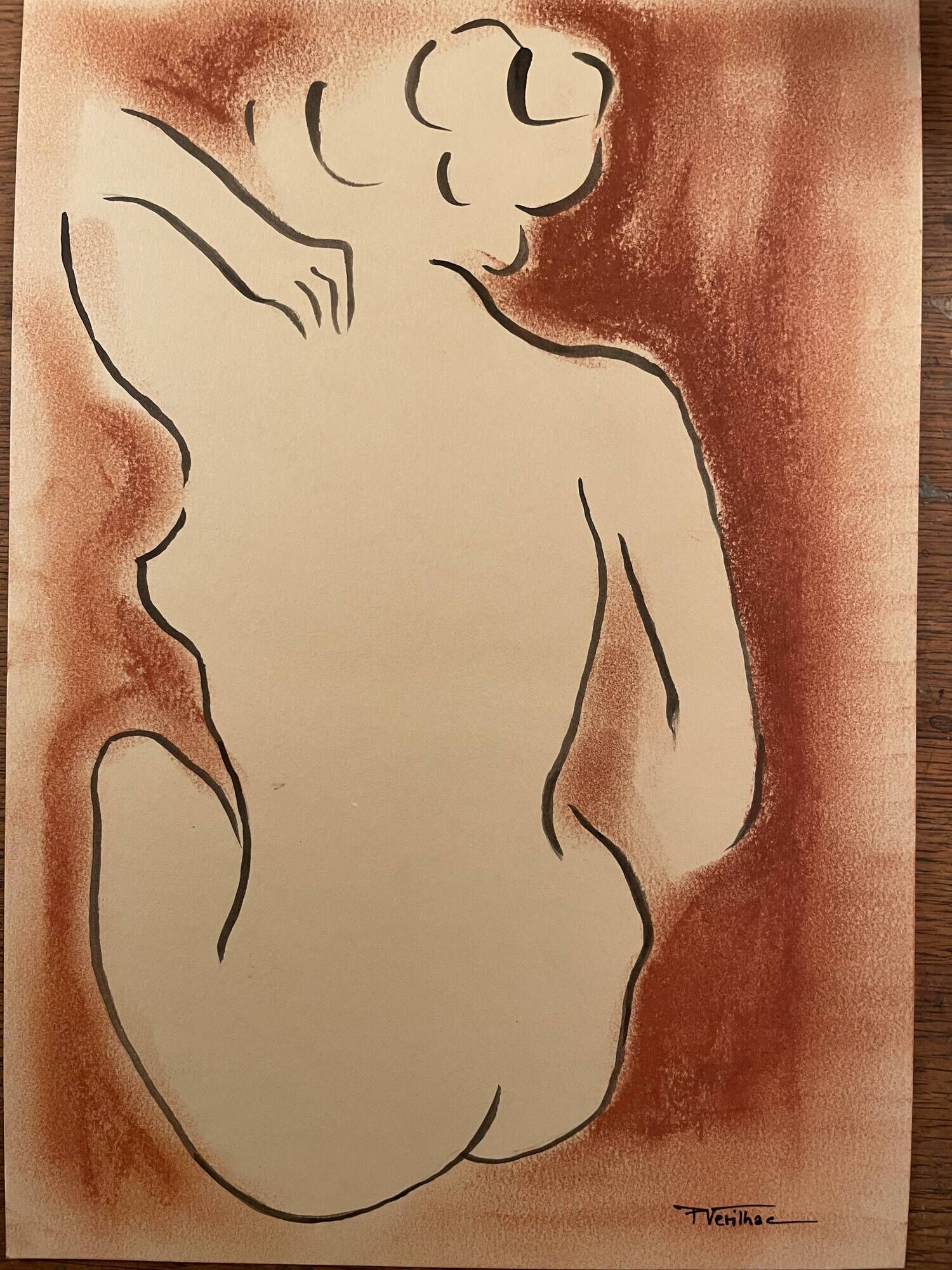 Signed painting in Chinese ink and art deco pastel, female portrait “the bath”