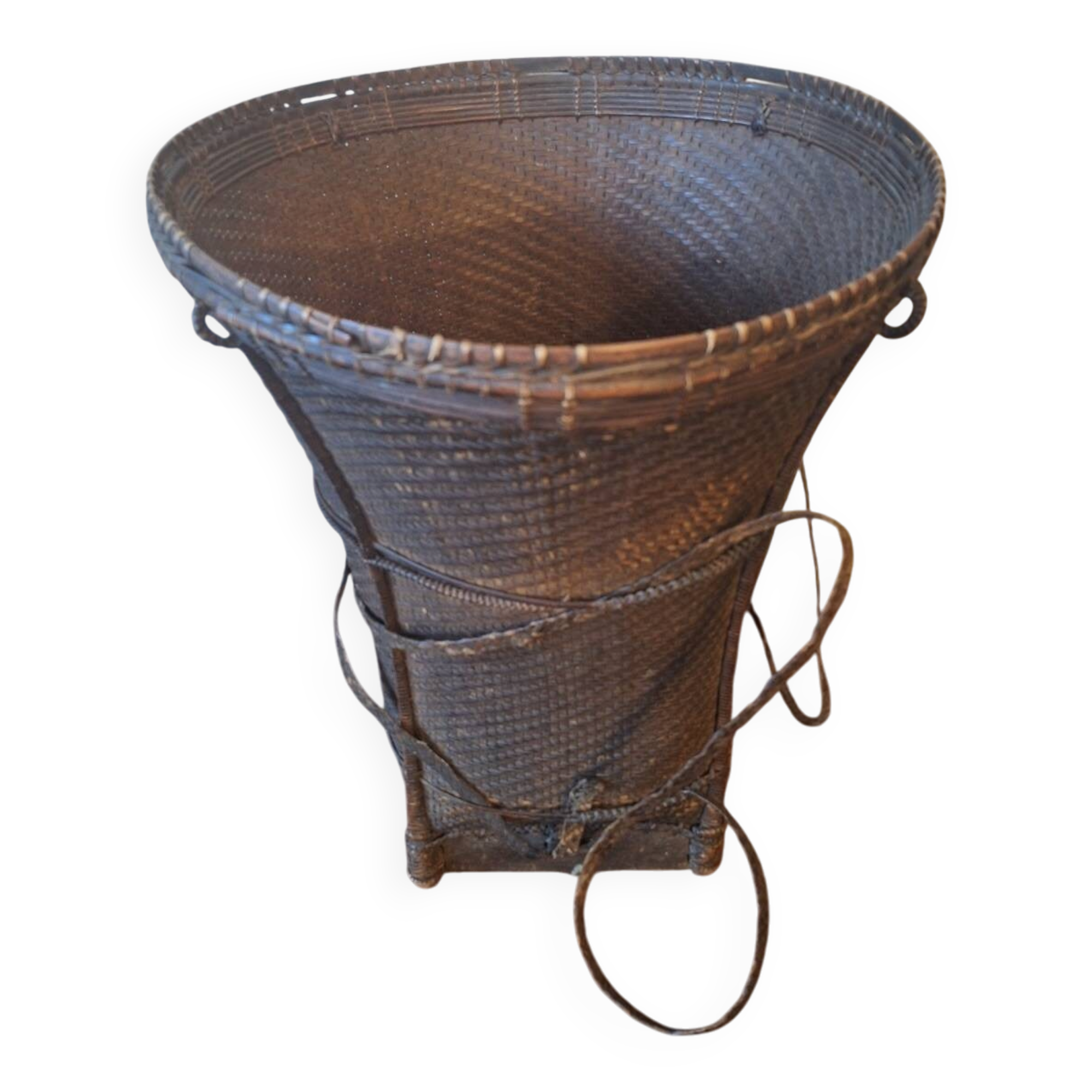 Antique Laos Khmu tribal hand woven carrying basket
