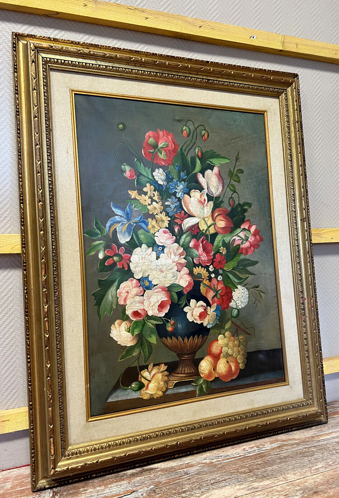 Vintage painting oil on canvas still life with flowers circa 1970