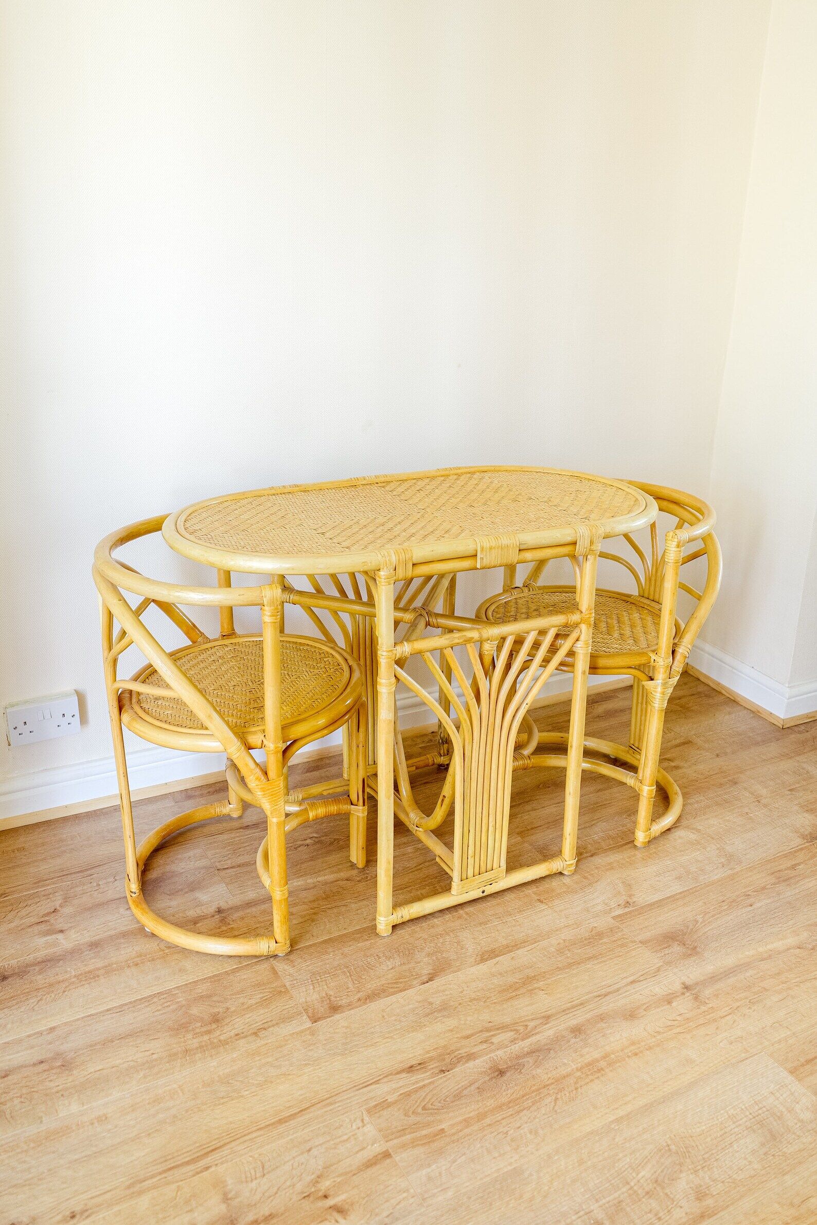 Bamboo Bistro Set / Table and Chairs Dining Set / Outdoor Cane Wicker, Mid Century Patio Furniture