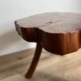 Brutalist coffee table, elm slice, tripod, 1960s