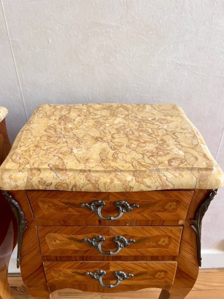 Pair French Rosewood Nightstands, Louis XV Marquetry Bedside Tables