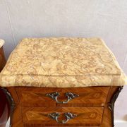 Pair of French rosewood bedside tables, Louis XV marquetry nightstands.