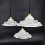 Set of 3 moulded glass pendant lights with cabochons, Art Deco style Ezan.