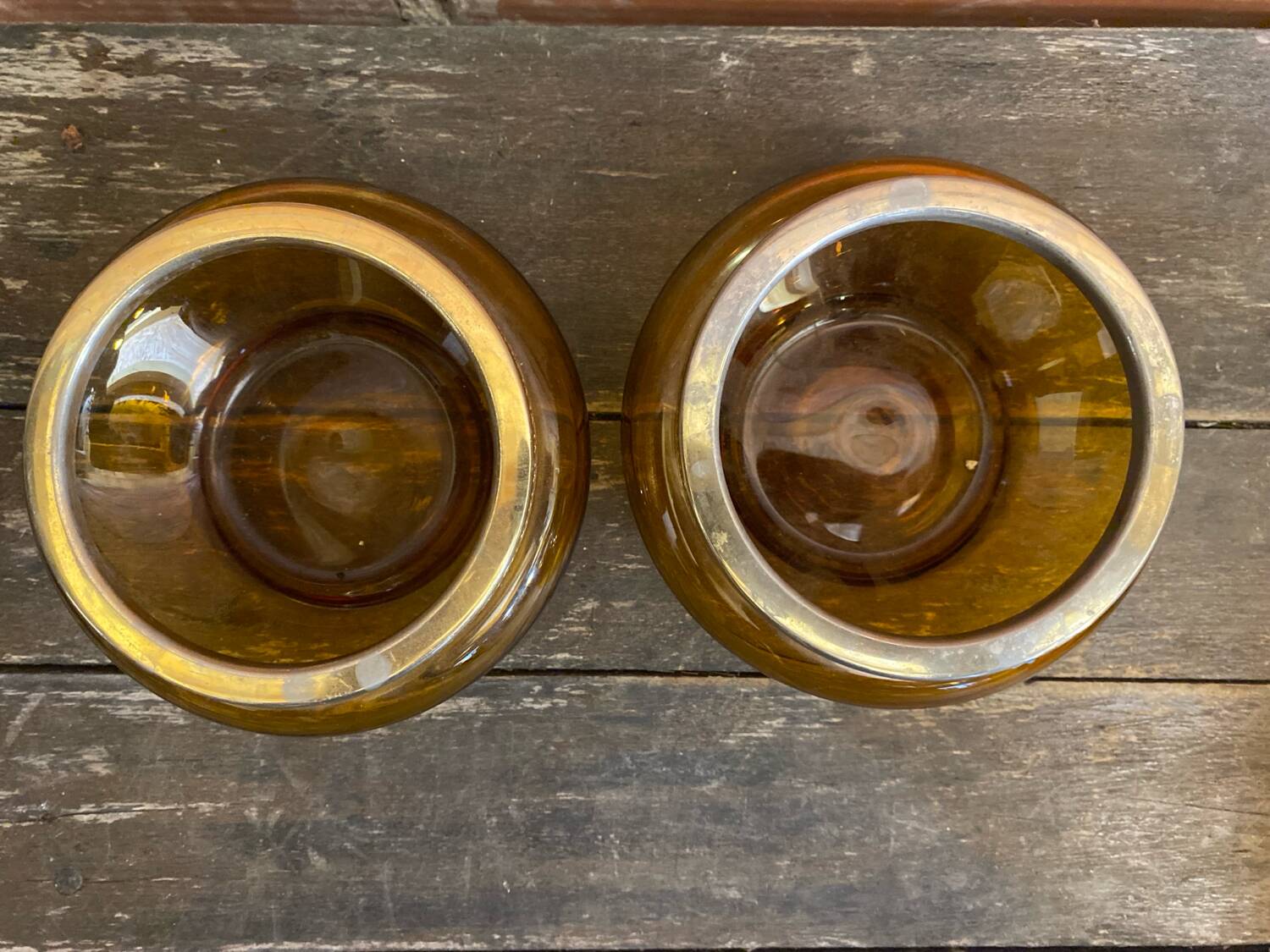 Salad bowl + 2 Antique AMBRINE Bowls Amber Glass + Gold Bronze Mounting