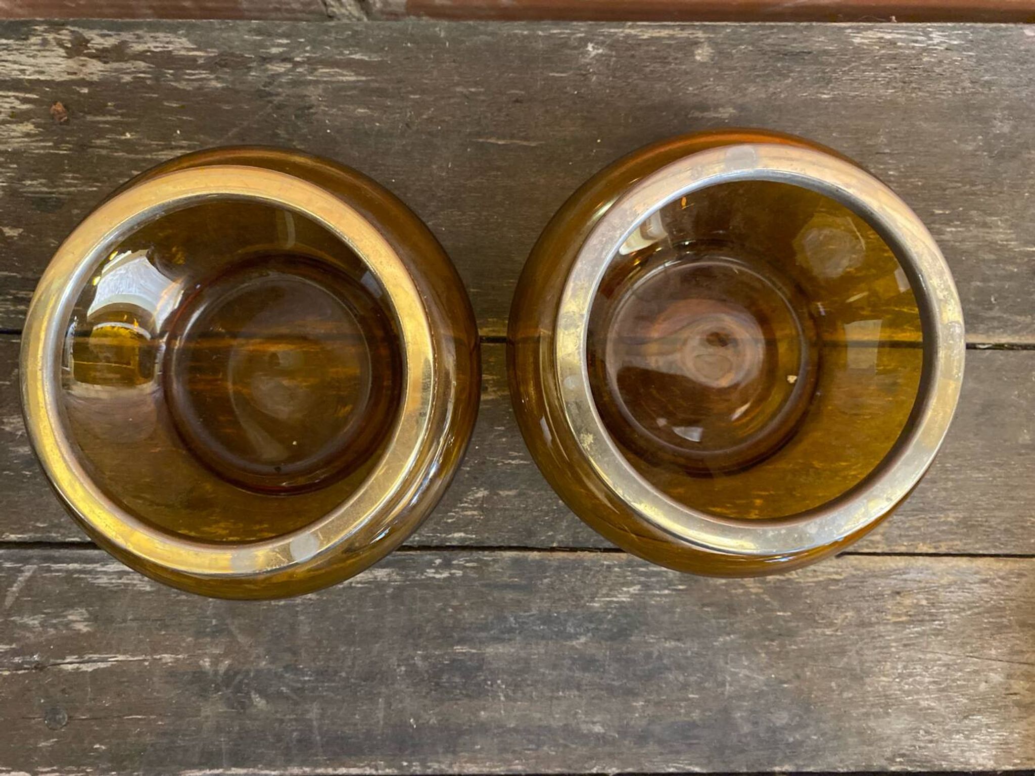 Salad bowl + 2 Antique AMBRINE Bowls Amber Glass + Gold Bronze Mounting