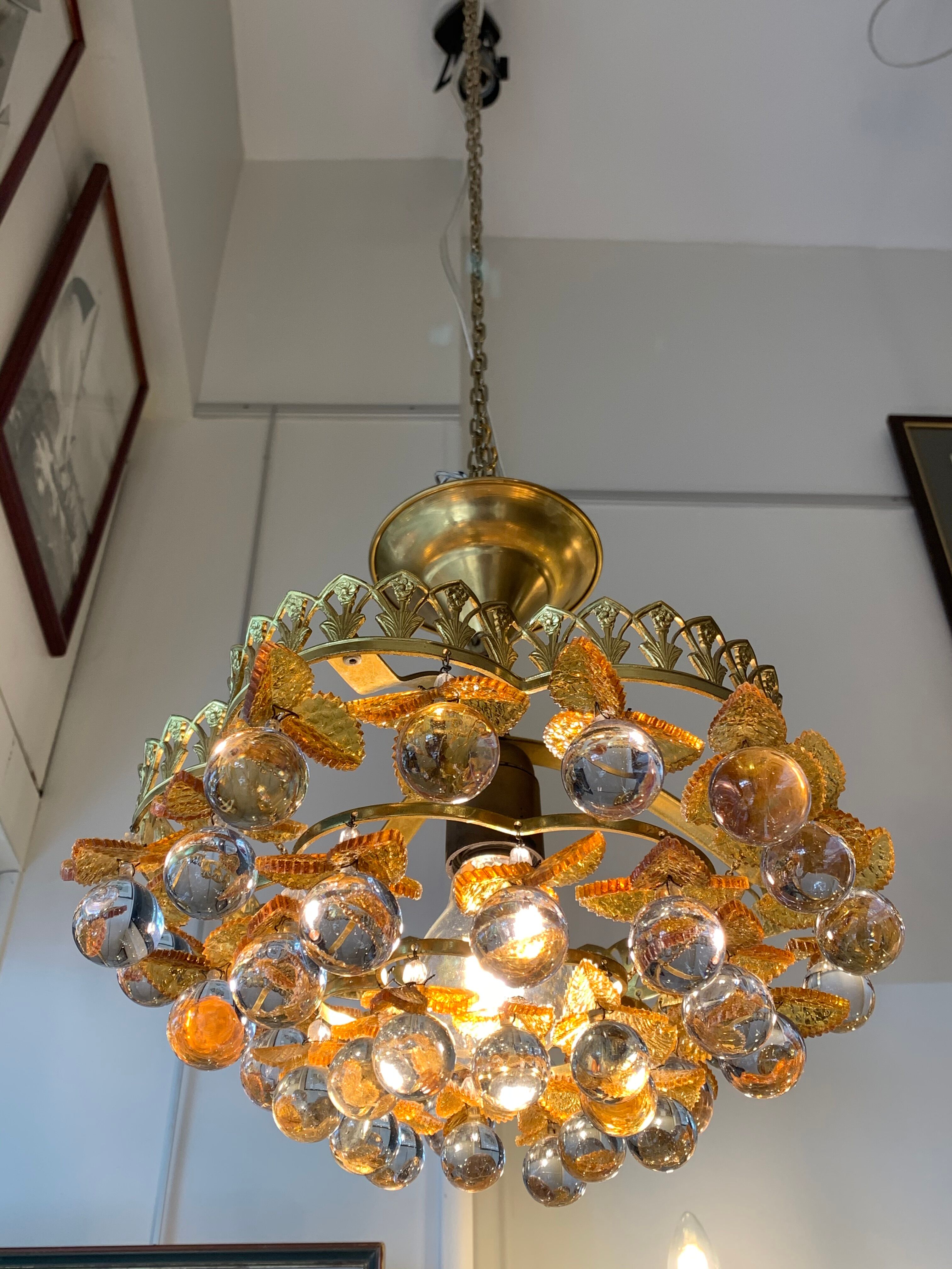 Murano ceiling light yellow flowers and glass balls 1970