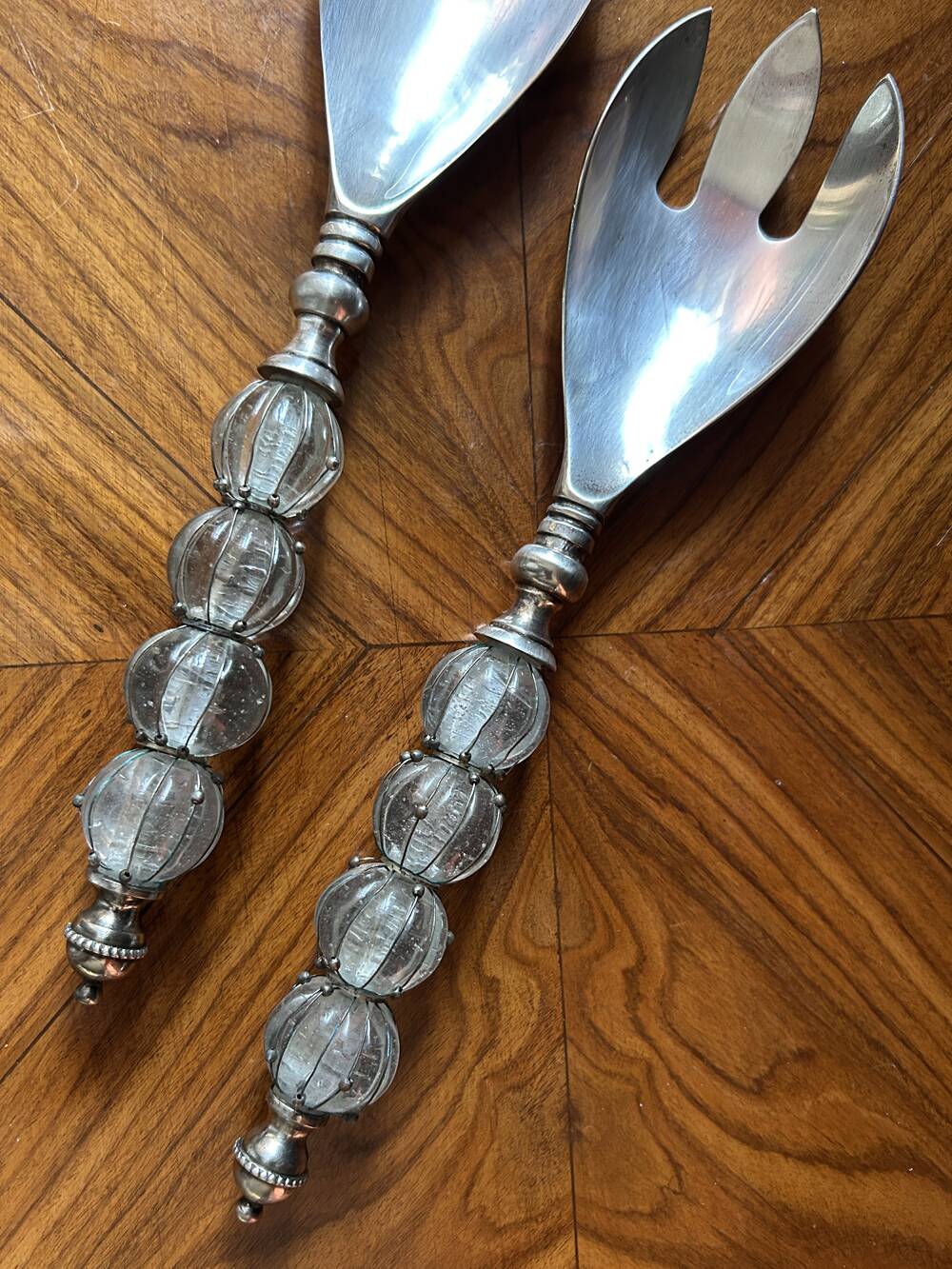 Vintage salad set – silver-plated metal and blown glass handles