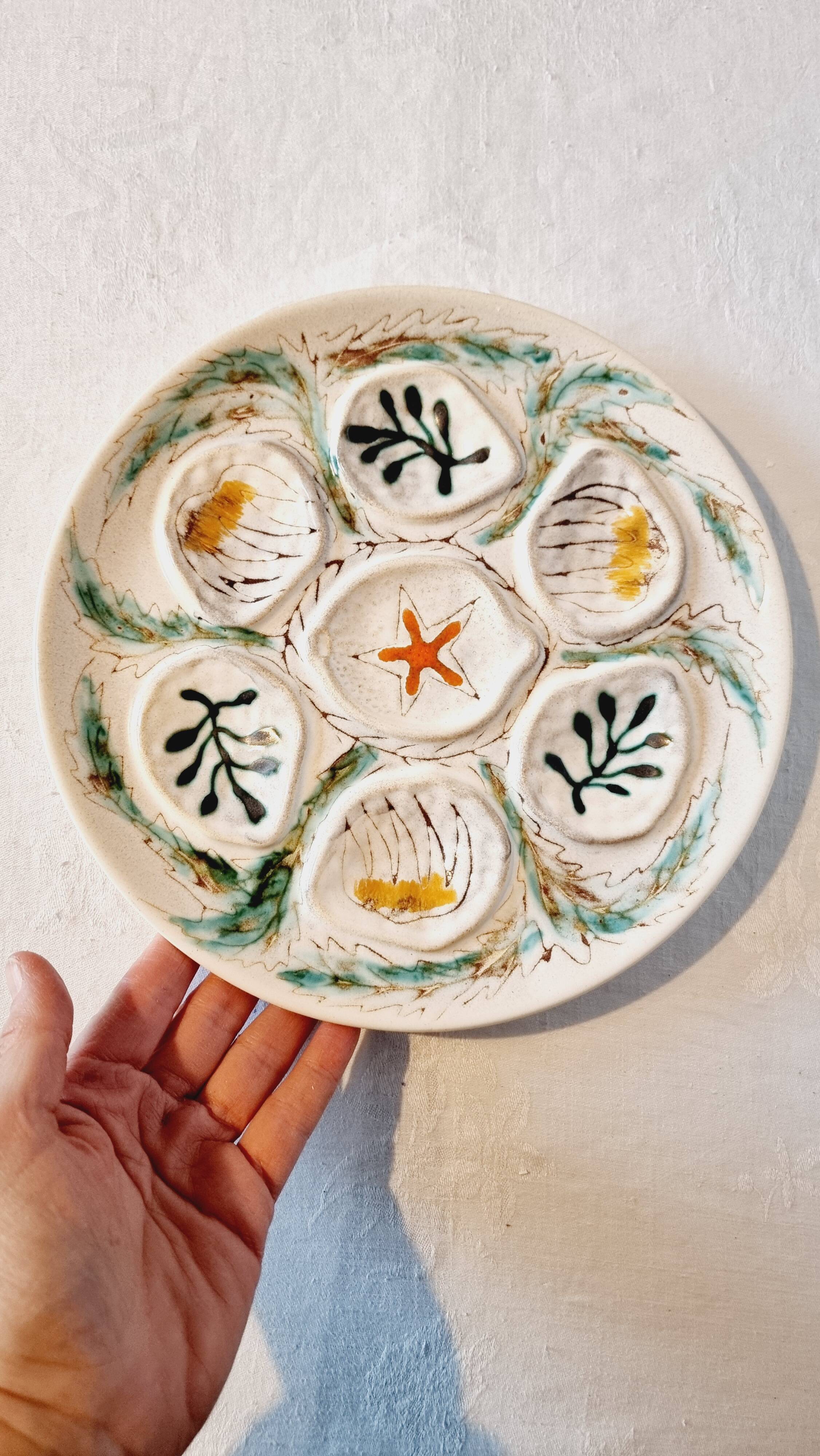 Interesting French porcelain oyster dish MBFA Pornic hand-painted marine M.