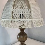 Turned wood lamp and macramé lampshade
