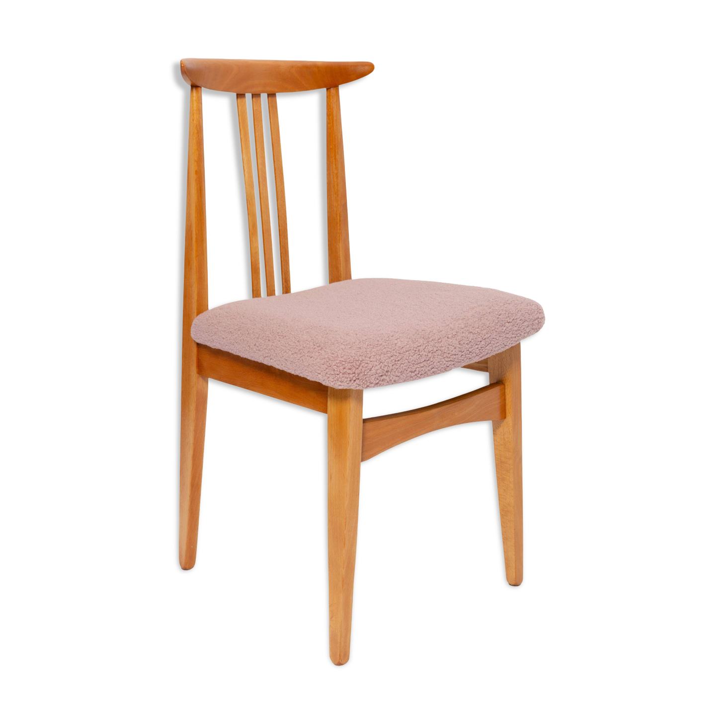 Blush pink bouclé chair mid-century in light wood by M. Zielinski, Europe, 1960s