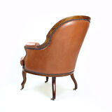 Fauteuil en cuir et noyer cognac, Tchécoslovaquie années 1940