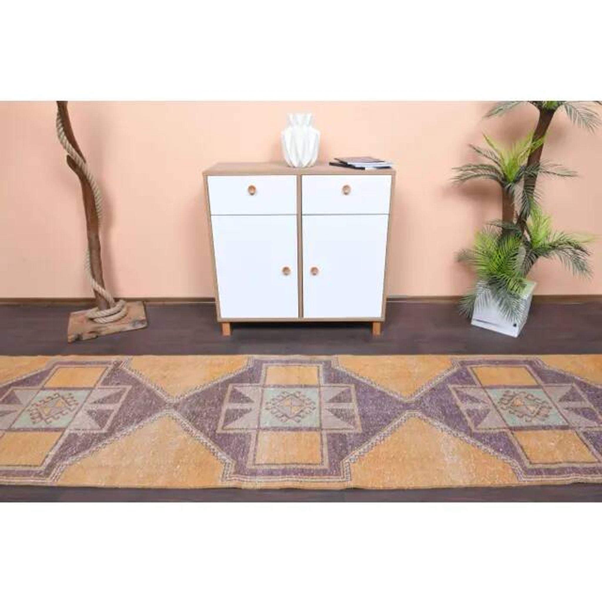 Vintage Turkish Oushak Handmade Wool Cotton Orange Runner Rug 95x375