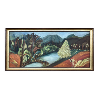 Paysage huile sur bois encadré vintage