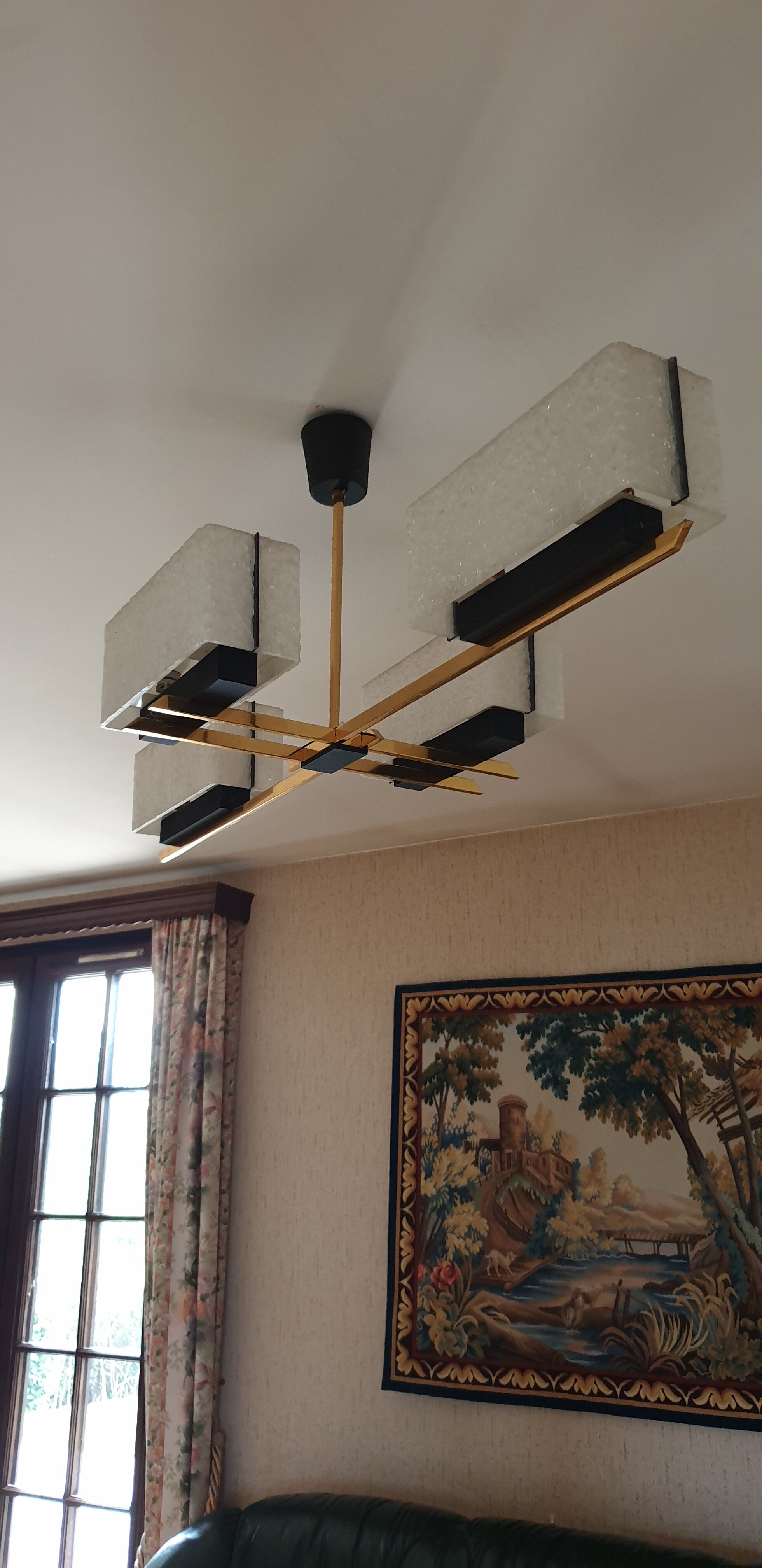 Arlus chandelier 4x2 brass lights prespex 1950/1960 vintage