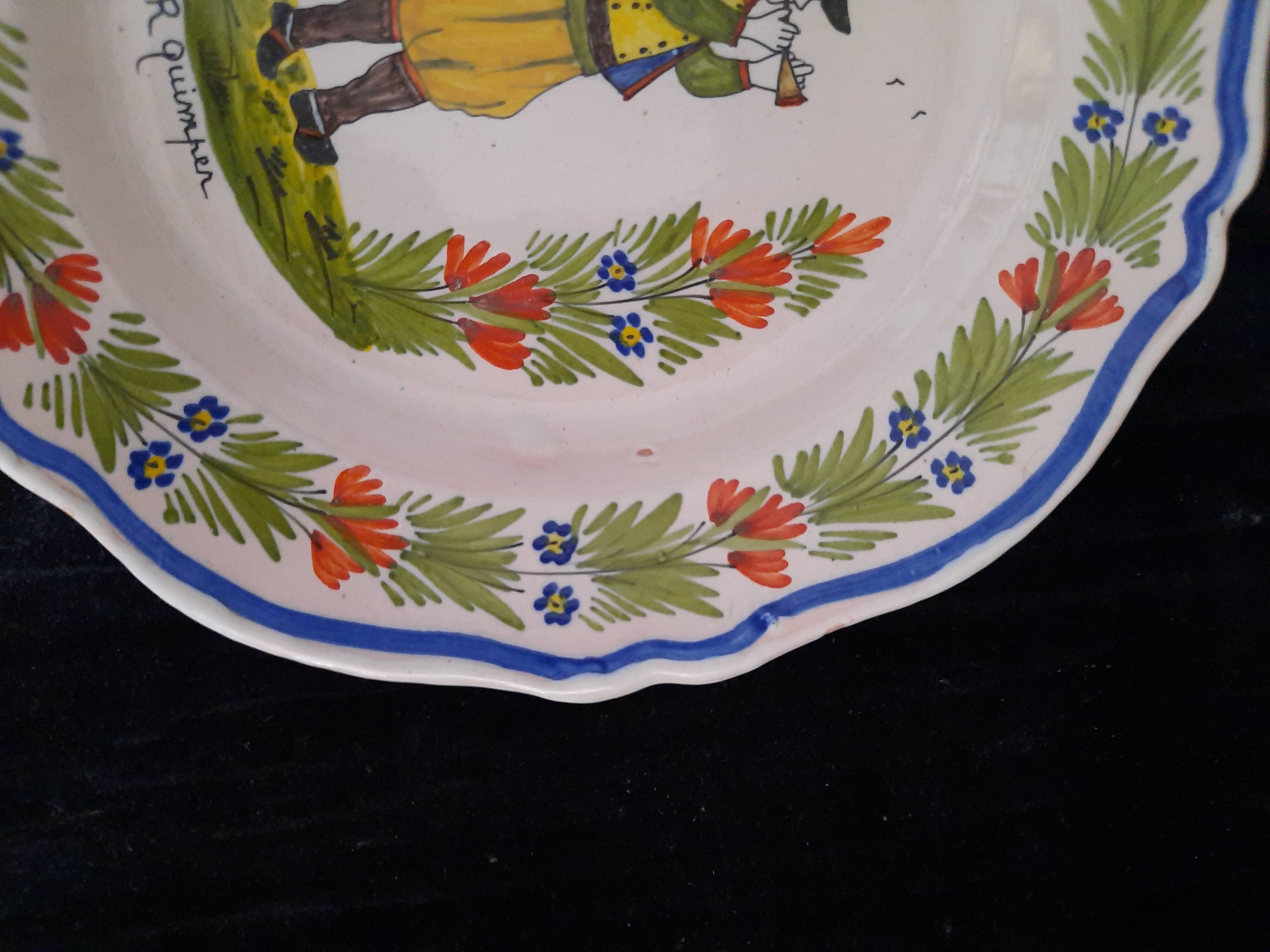 Old Plate HR Quimper Sonneur Player of Bombarde Hand Painted 24cm