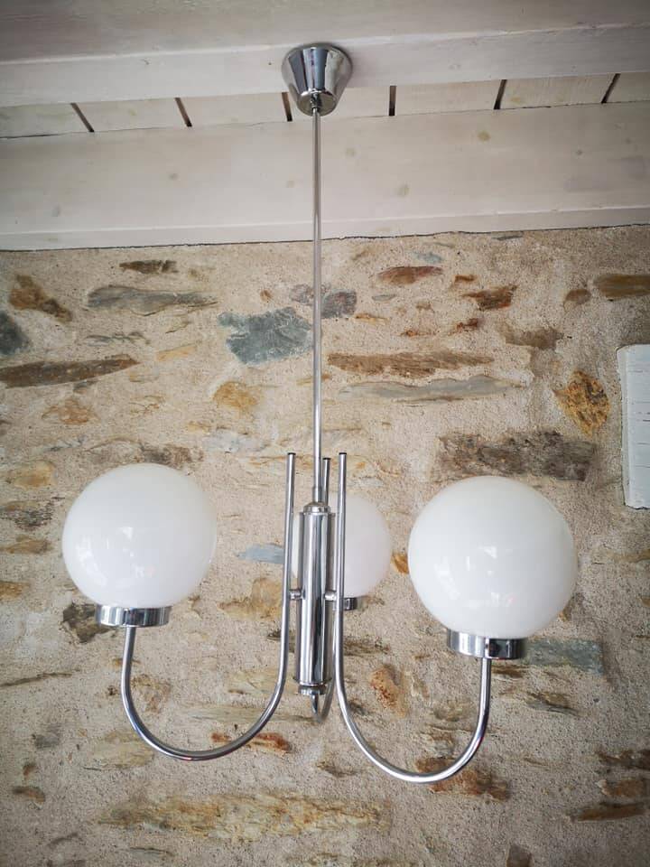 Old 3-light globe opaline stainless steel pendant/chandelier 1960/1970 space age vintage
