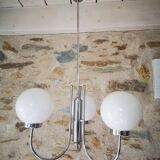 Old 3-light globe opaline stainless steel pendant/chandelier 1960/1970 space age vintage