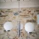 Old 3-light globe opaline stainless steel pendant/chandelier 1960/1970 space age vintage