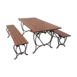 Garden lounge table and 2 cast iron and oak benches