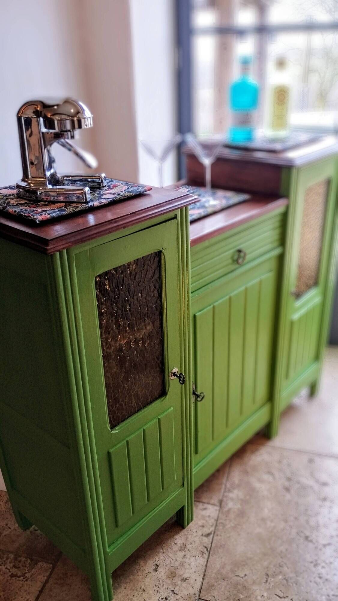 Art Deco Gin Buffet, painted in Farrow and Ball with a William Morris-inspired interior